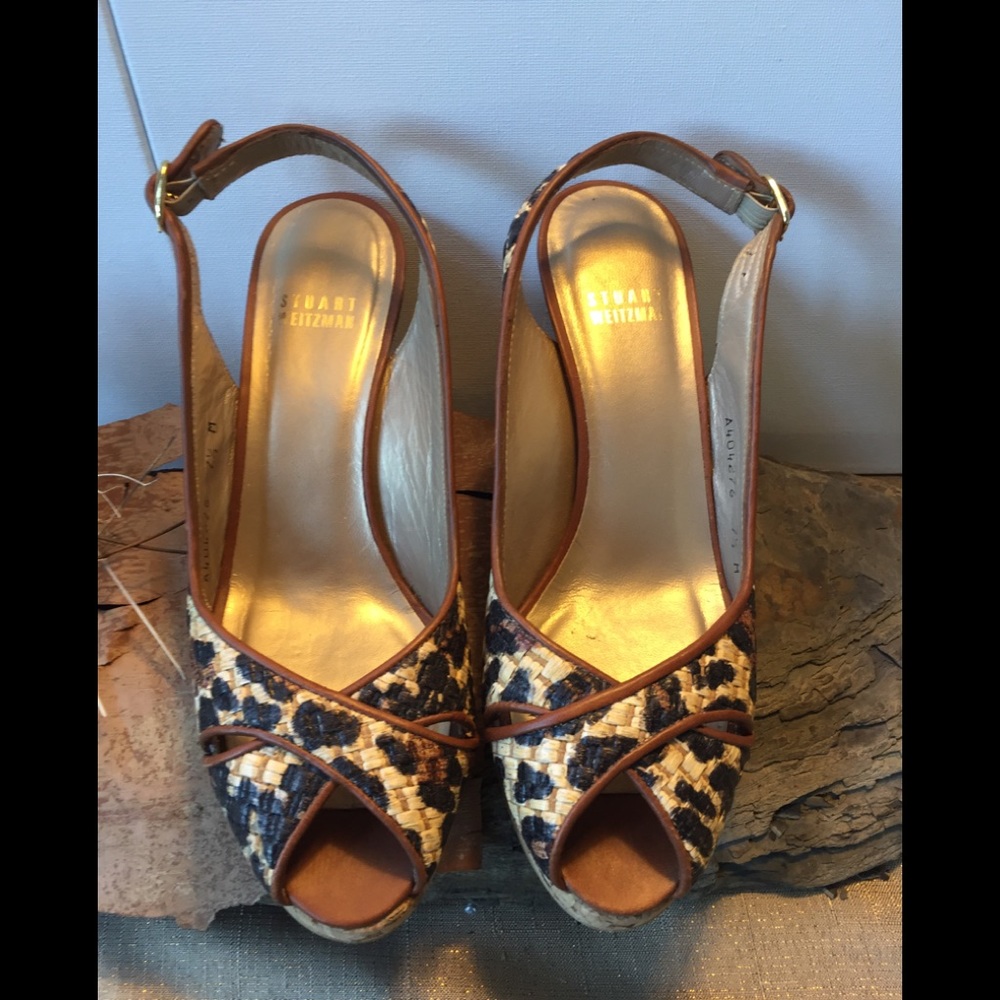 Stuart Weitzman Animal Print Wedge Sandals 7.5